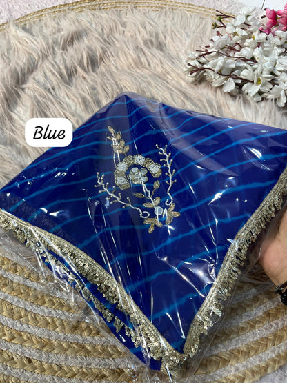 Royal Blue Georgette Lehriya Print and Handwork Butti Saree with Unstitched Blouse