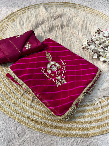 Raani Pink Georgette Lehriya Print and Handwork Butti Saree with Unstitched Blouse