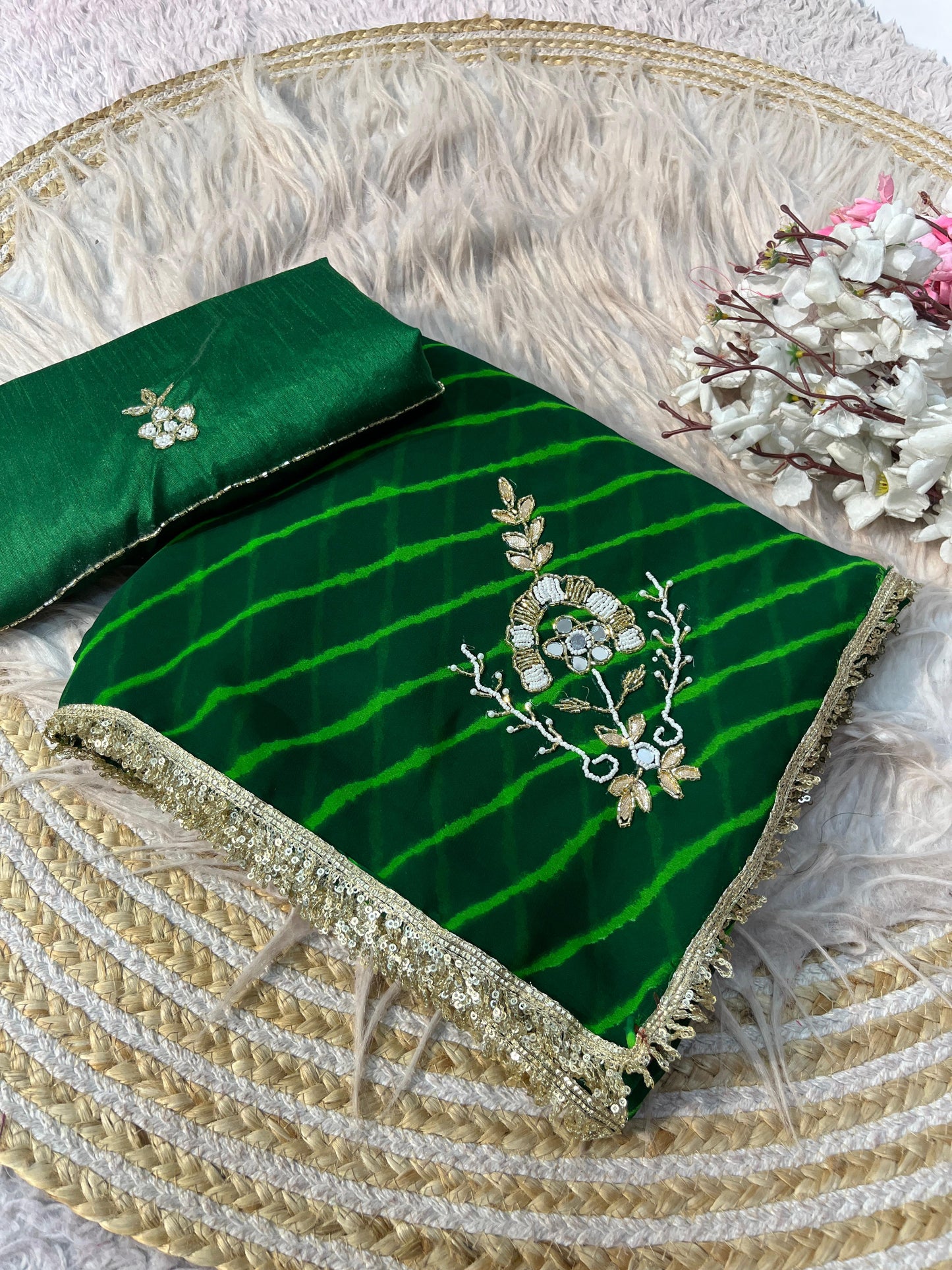 Green Georgette Lehriya Print and Handwork Butti Saree with Unstitched Blouse