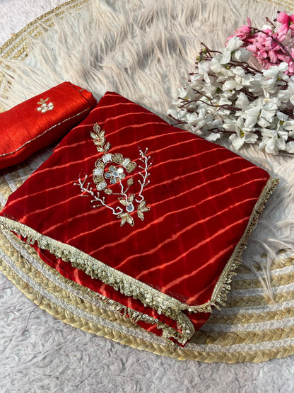 Red Georgette Lehriya Print and Handwork Butti Saree with Unstitched Blouse