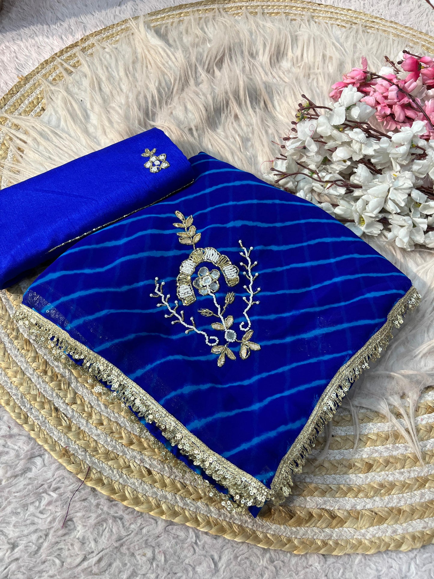Royal Blue Georgette Lehriya Print and Handwork Butti Saree with Unstitched Blouse