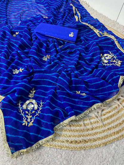 Royal Blue Georgette Lehriya Print and Handwork Butti Saree with Unstitched Blouse