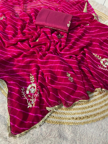 Raani Pink Georgette Lehriya Print and Handwork Butti Saree with Unstitched Blouse