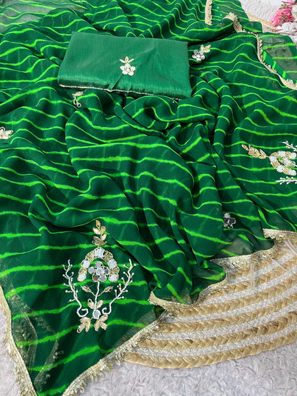 Green Georgette Lehriya Print and Handwork Butti Saree with Unstitched Blouse