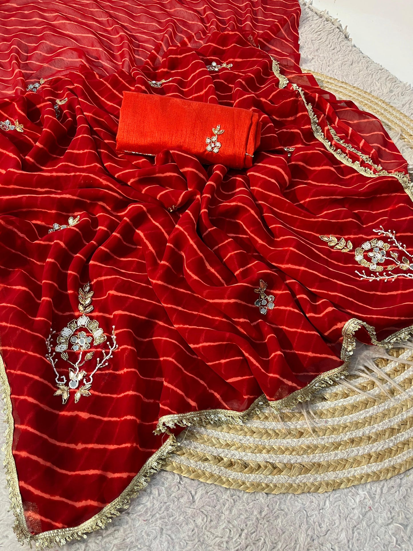 Red Georgette Lehriya Print and Handwork Butti Saree with Unstitched Blouse
