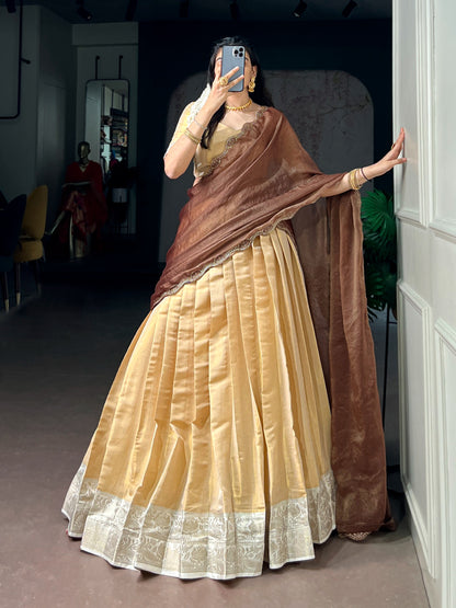 Beige Kanchipuram Zari Weaving Traditional South Indian Lehenga Choli with Dupatta