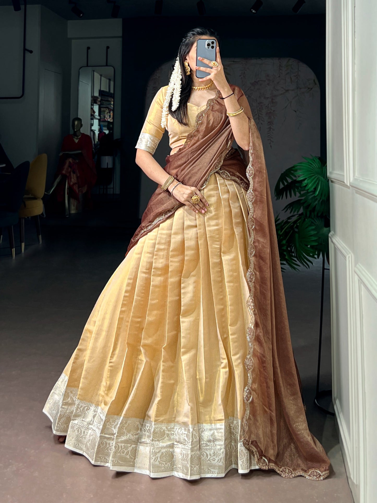Beige Kanchipuram Zari Weaving Traditional South Indian Lehenga Choli with Dupatta