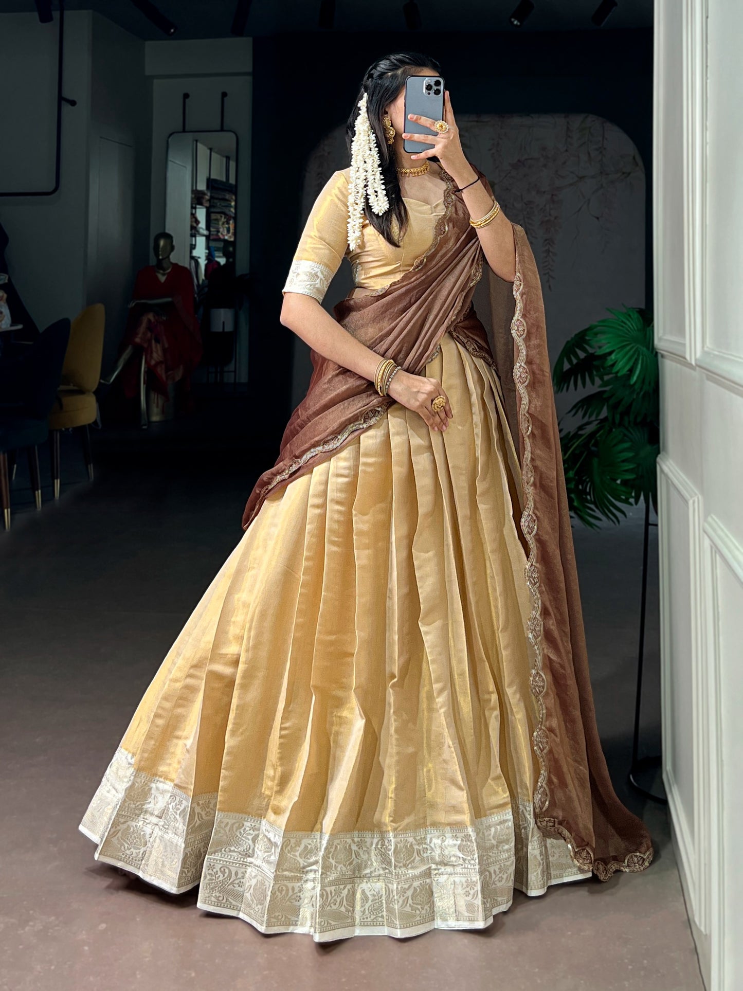 Beige Kanchipuram Zari Weaving Traditional South Indian Lehenga Choli with Dupatta