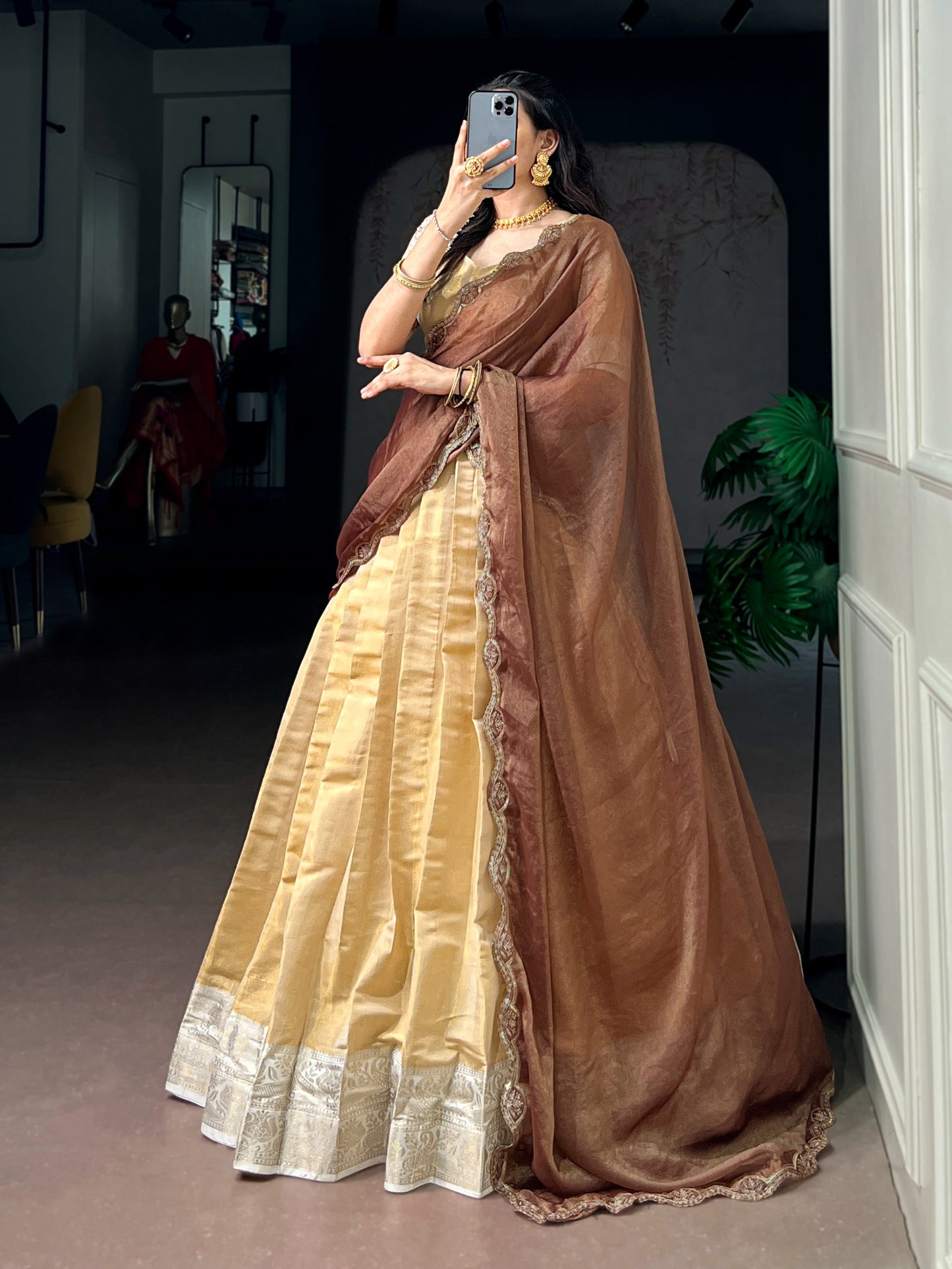 Beige Kanchipuram Zari Weaving Traditional South Indian Lehenga Choli with Dupatta