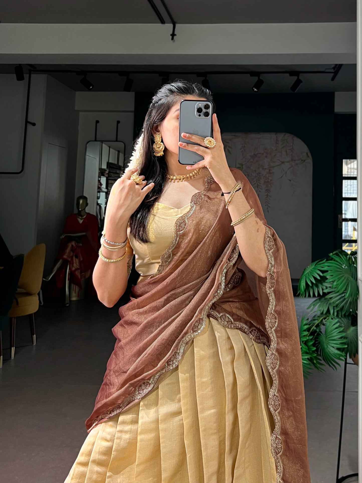 Beige Kanchipuram Zari Weaving Traditional South Indian Lehenga Choli with Dupatta