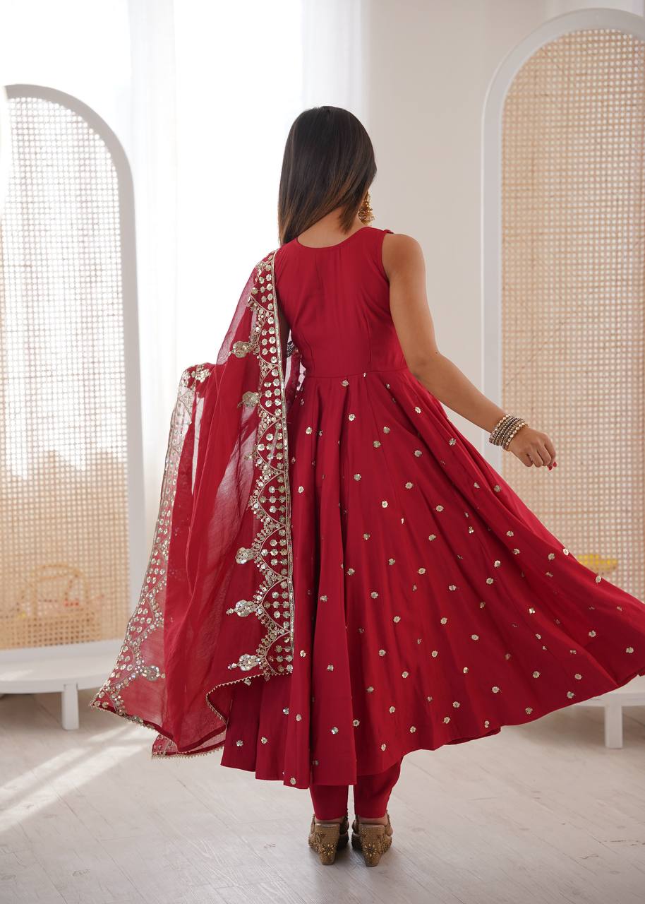 Meroon Roman Silk Embroidery Sequence Work Designer Anarkali Gown Pant with Dupatta