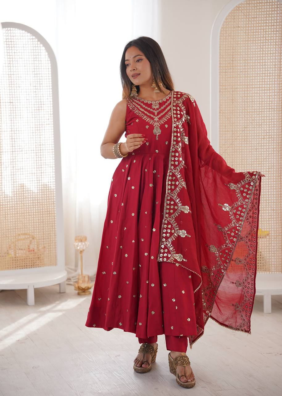 Meroon Roman Silk Embroidery Sequence Work Designer Anarkali Gown Pant with Dupatta