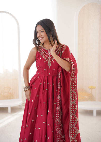 Meroon Roman Silk Embroidery Sequence Work Designer Anarkali Gown Pant with Dupatta