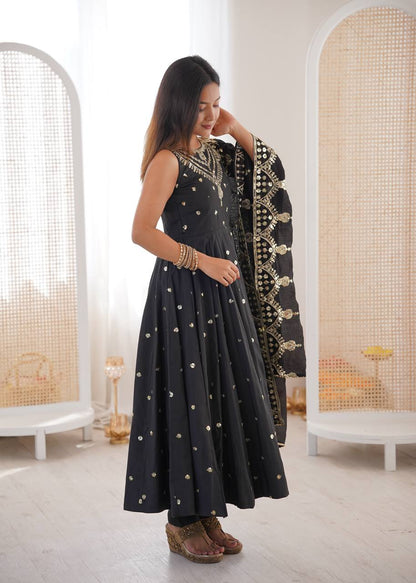 Black Roman Silk Embroidery Sequence Work Designer Anarkali Gown Pant with Dupatta