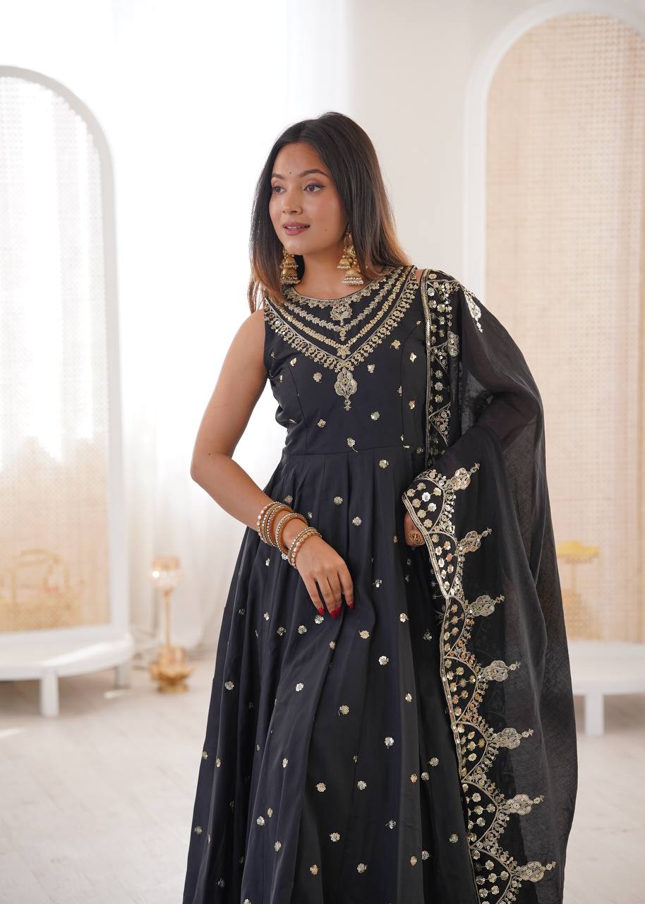 Black Roman Silk Embroidery Sequence Work Designer Anarkali Gown Pant with Dupatta