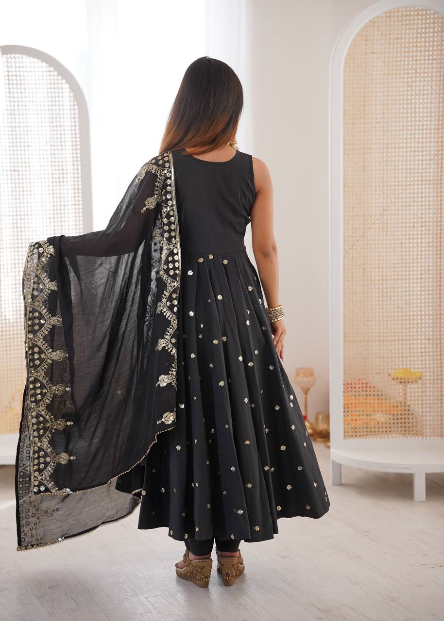 Black Roman Silk Embroidery Sequence Work Designer Anarkali Gown Pant with Dupatta