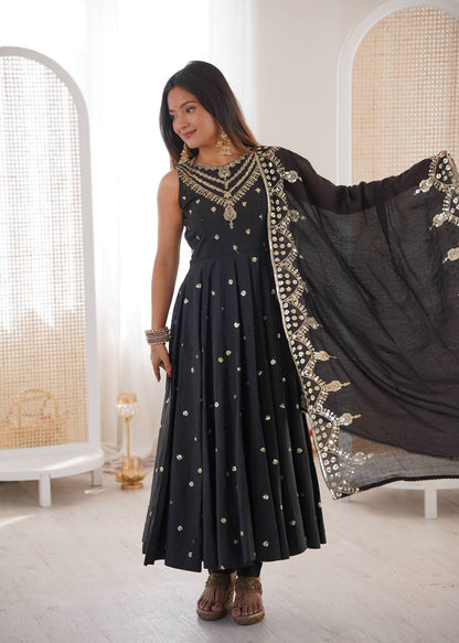 Black Roman Silk Embroidery Sequence Work Designer Anarkali Gown Pant with Dupatta