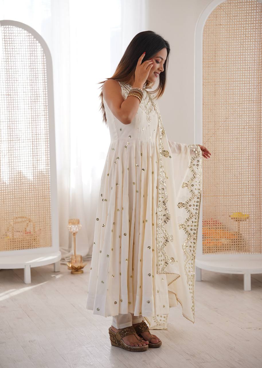 White Roman Silk Embroidery Sequence Work Designer Anarkali Gown Pant with Dupatta