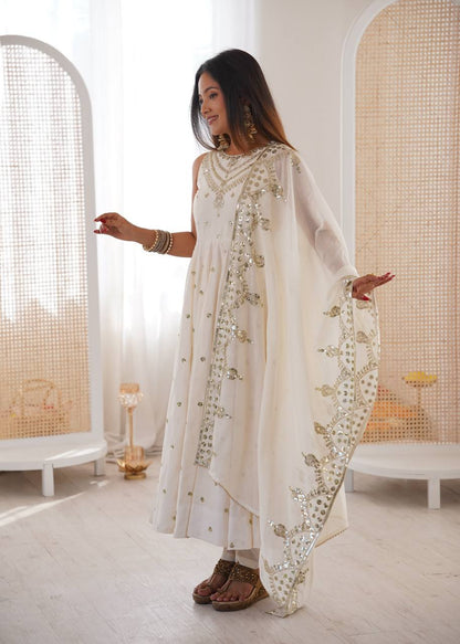 White Roman Silk Embroidery Sequence Work Designer Anarkali Gown Pant with Dupatta