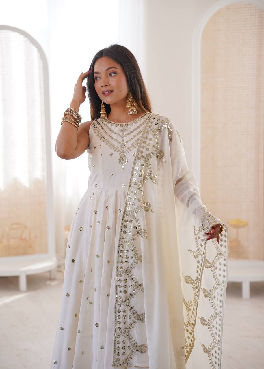 White Roman Silk Embroidery Sequence Work Designer Anarkali Gown Pant with Dupatta