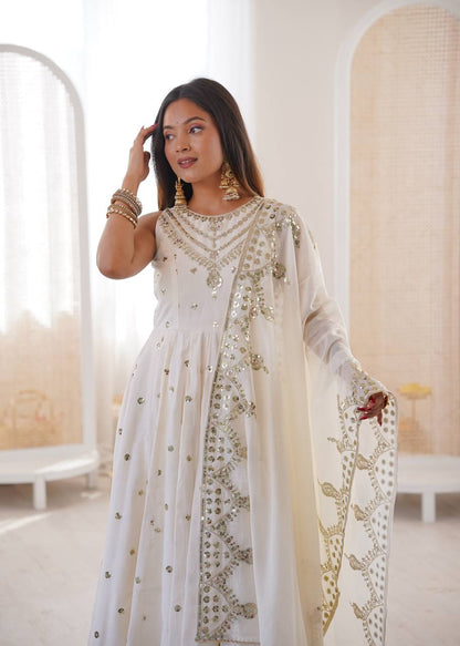 White Roman Silk Embroidery Sequence Work Designer Anarkali Gown Pant with Dupatta