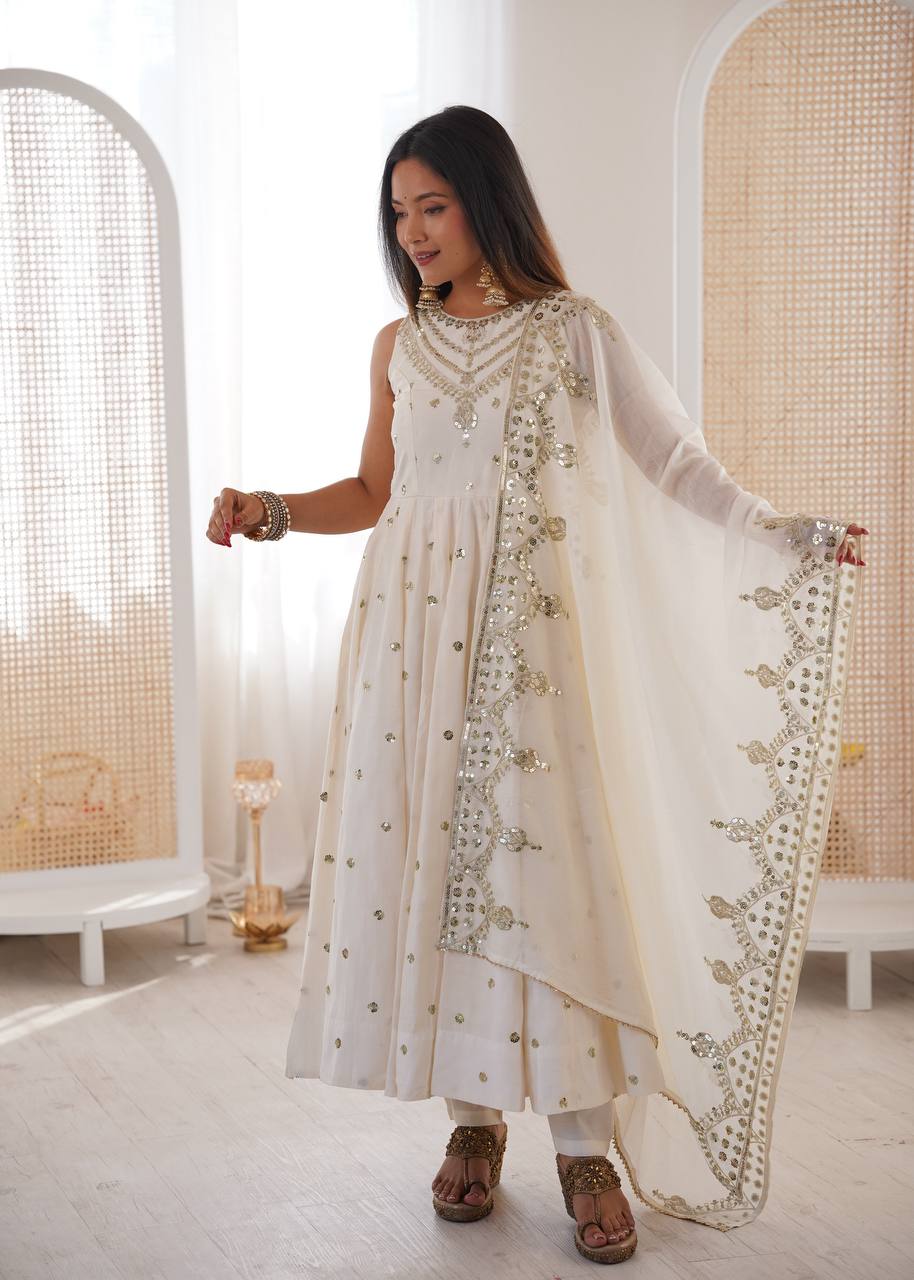 White Roman Silk Embroidery Sequence Work Designer Anarkali Gown Pant with Dupatta