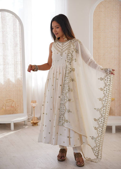 White Roman Silk Embroidery Sequence Work Designer Anarkali Gown Pant with Dupatta
