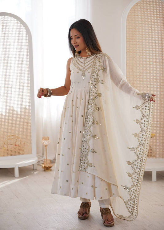 White Roman Silk Embroidery Sequence Work Designer Anarkali Gown Pant with Dupatta