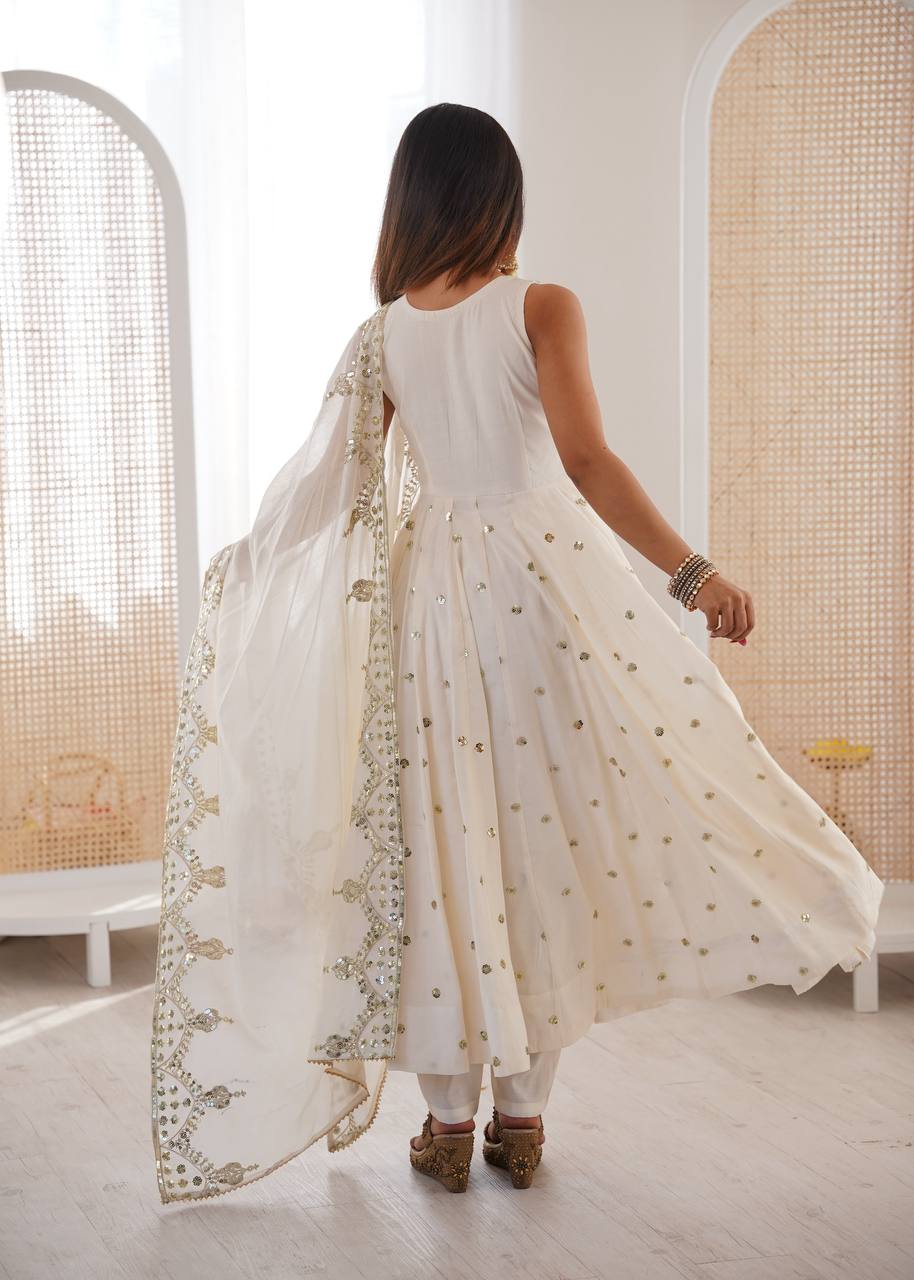 White Roman Silk Embroidery Sequence Work Designer Anarkali Gown Pant with Dupatta
