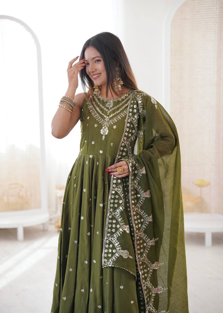Mehndi Green Roman Silk Embroidery Sequence Work Designer Anarkali Gown Pant with Dupatta