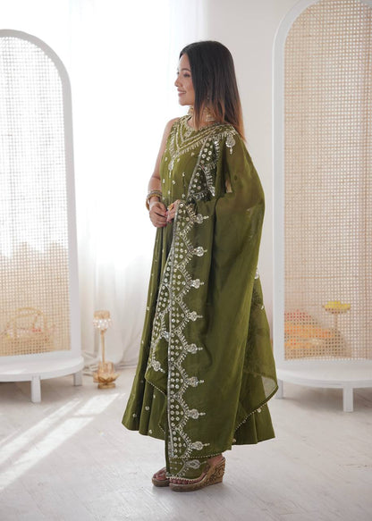 Mehndi Green Roman Silk Embroidery Sequence Work Designer Anarkali Gown Pant with Dupatta