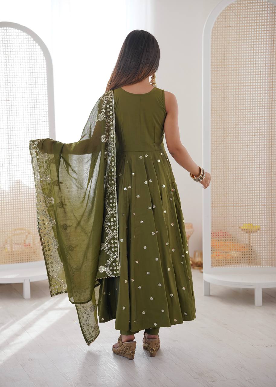 Mehndi Green Roman Silk Embroidery Sequence Work Designer Anarkali Gown Pant with Dupatta
