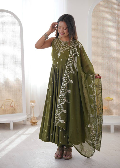 Mehndi Green Roman Silk Embroidery Sequence Work Designer Anarkali Gown Pant with Dupatta