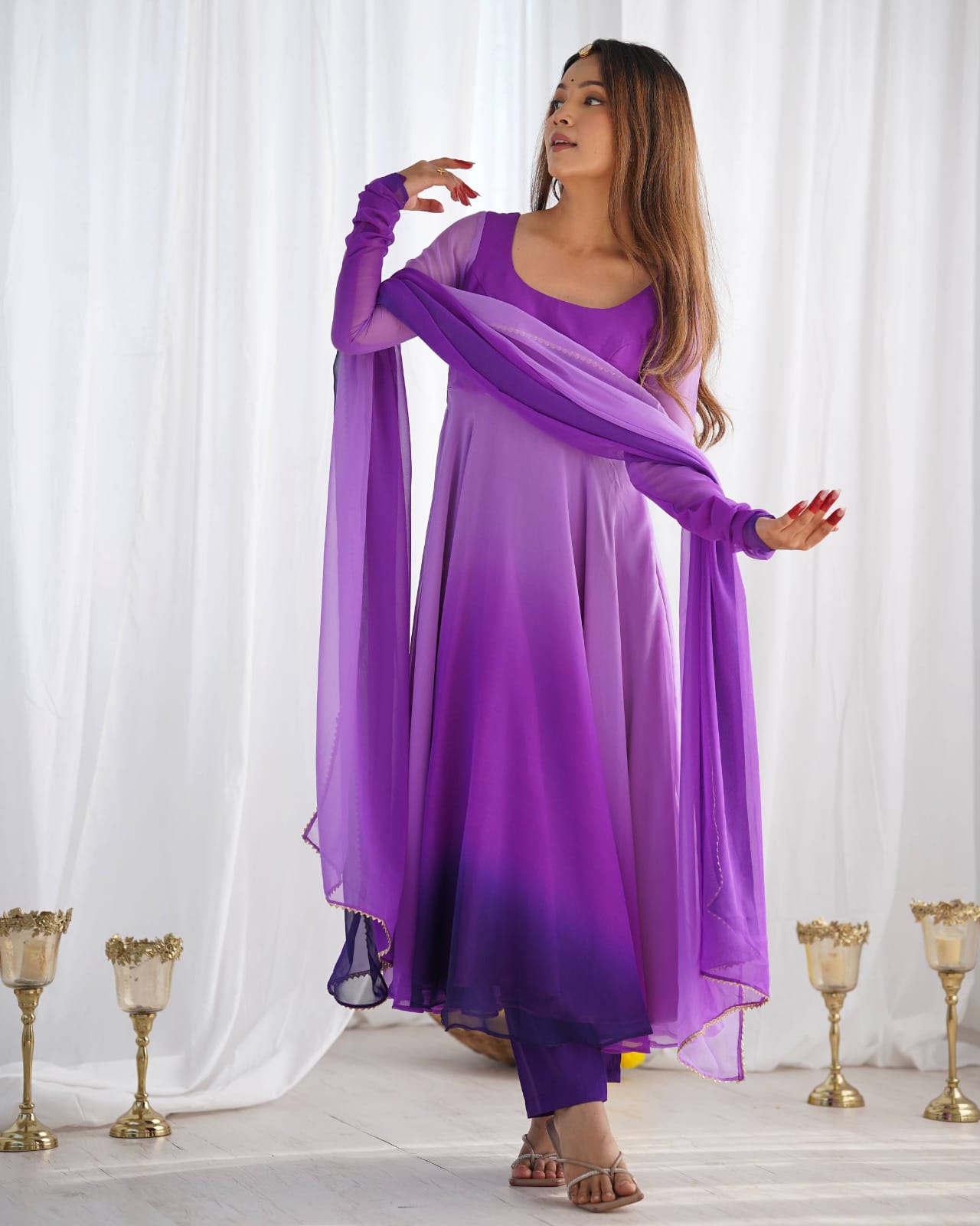 Purple Georgette Padding Anarkali Gown Pant with Dupatta
