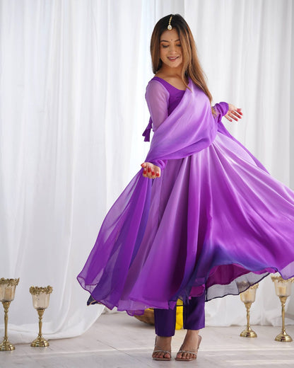Purple Georgette Padding Anarkali Gown Pant with Dupatta