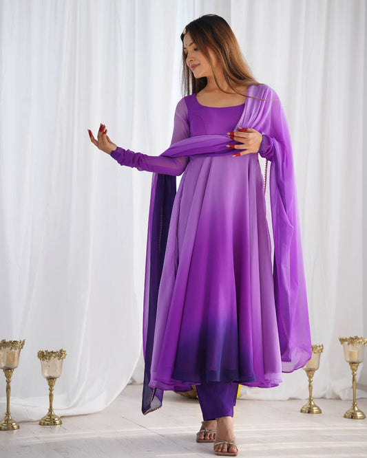 Purple Georgette Padding Anarkali Gown Pant with Dupatta
