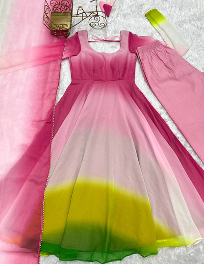 Multi colour Georgette Padding Anarkali Gown Pant with Dupatta