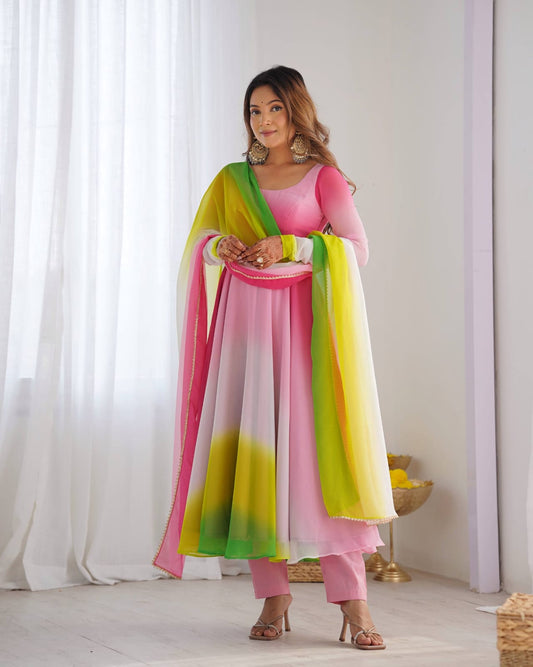 Multi colour Georgette Padding Anarkali Gown Pant with Dupatta