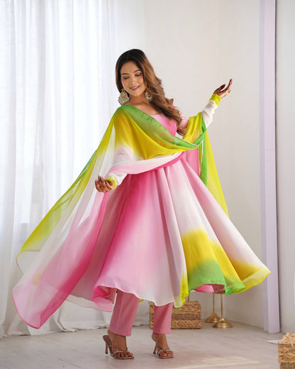 Multi colour Georgette Padding Anarkali Gown Pant with Dupatta