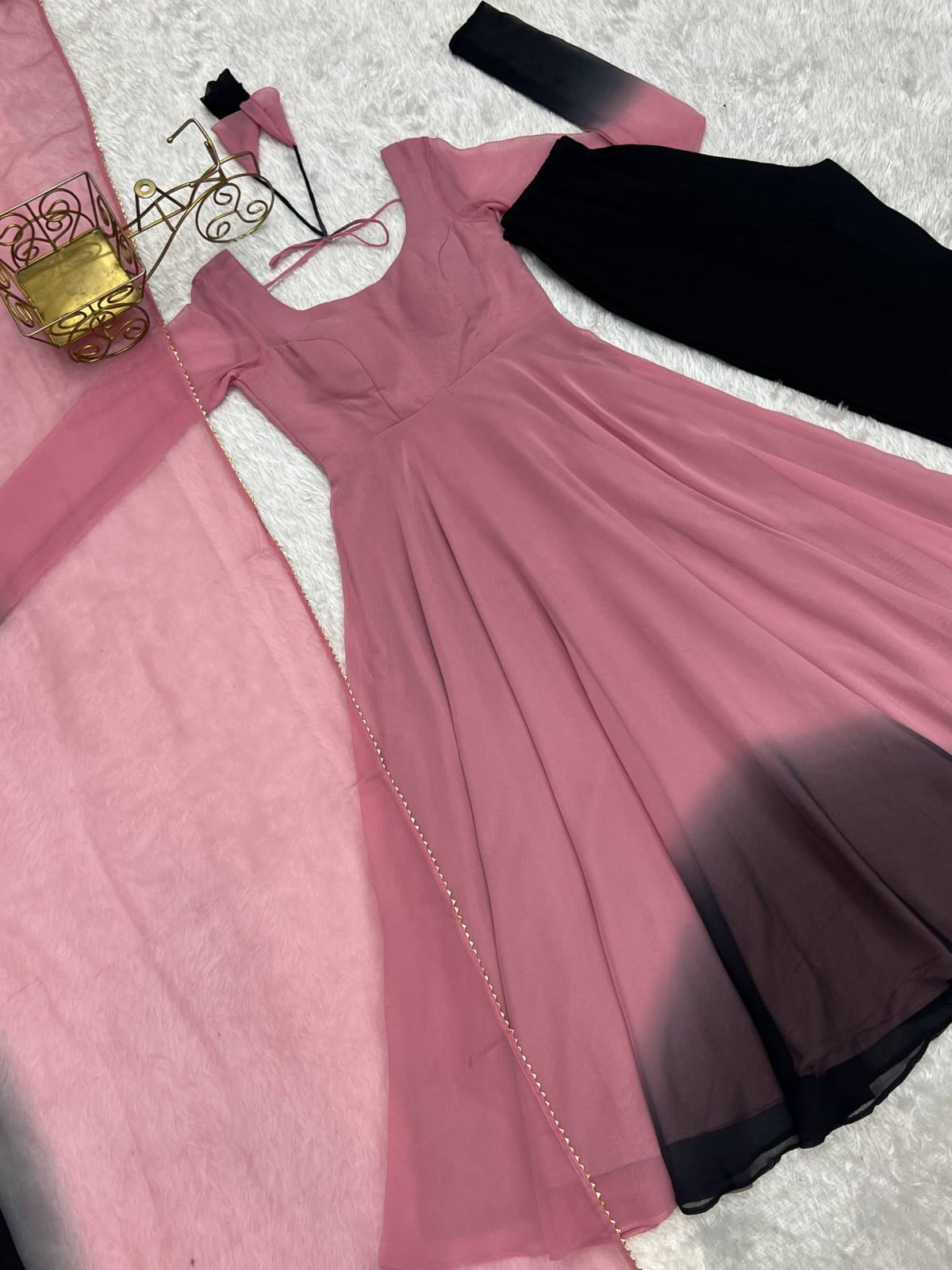 Onion Pink colour Georgette Padding Anarkali Gown Pant with Dupatta