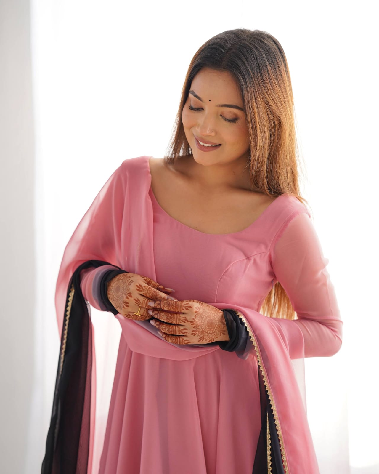 Onion Pink colour Georgette Padding Anarkali Gown Pant with Dupatta