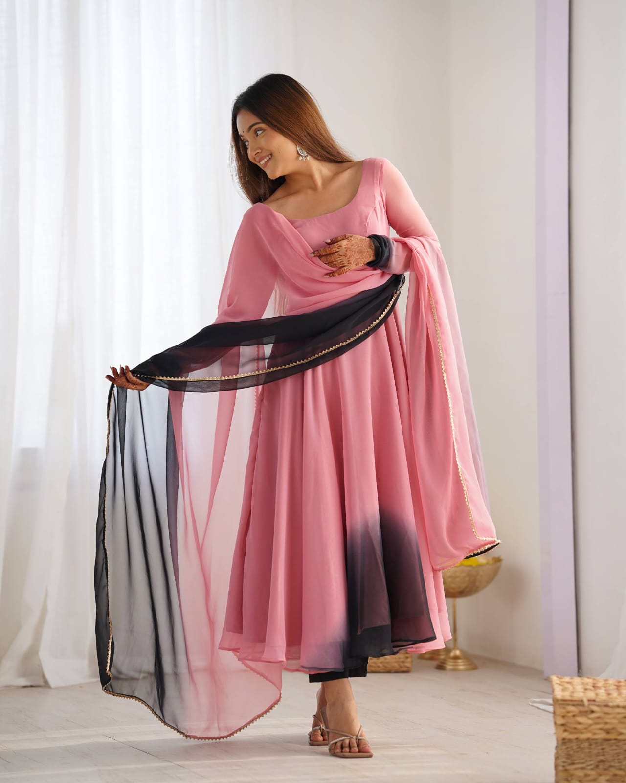 Onion Pink colour Georgette Padding Anarkali Gown Pant with Dupatta