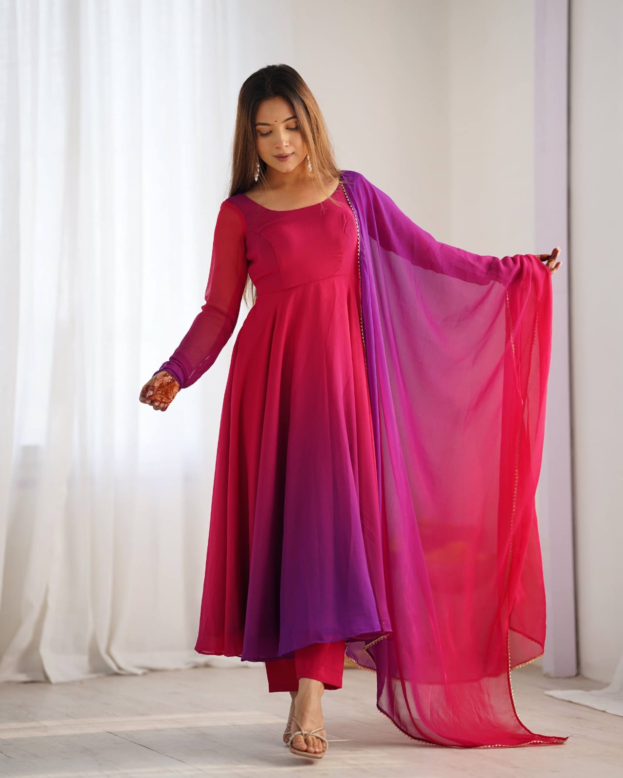 Pink Georgette Padding Anarkali Gown Pant with Dupatta