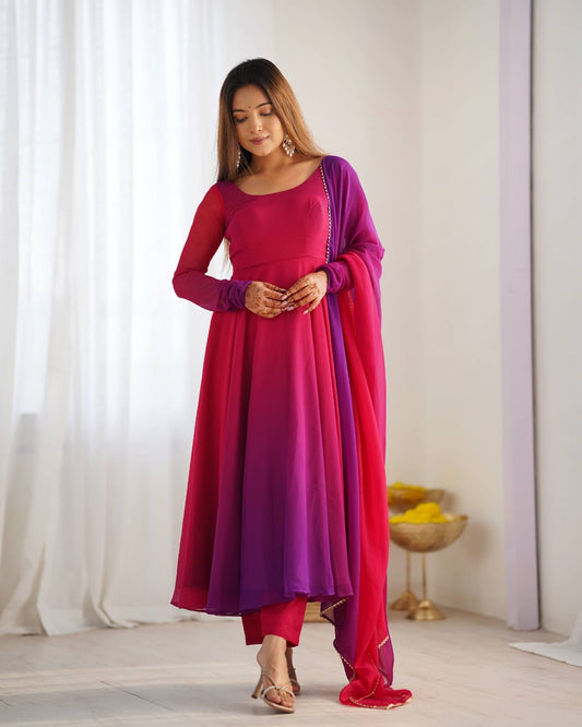 Pink Georgette Padding Anarkali Gown Pant with Dupatta