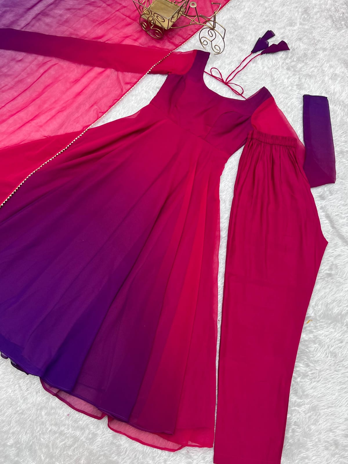 Pink Georgette Padding Anarkali Gown Pant with Dupatta