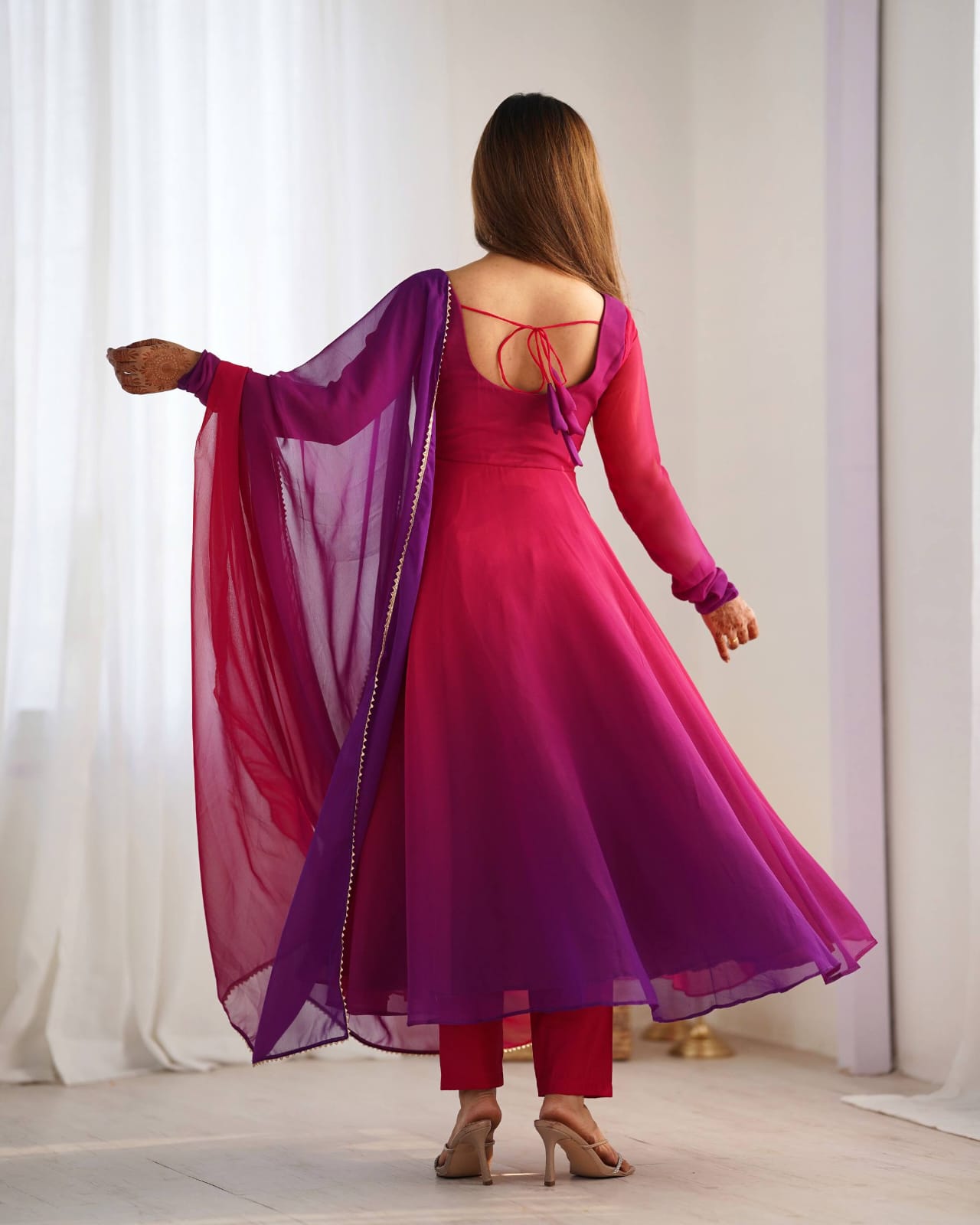 Pink Georgette Padding Anarkali Gown Pant with Dupatta