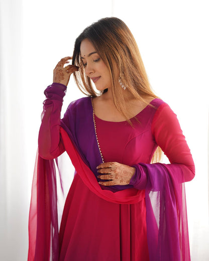 Pink Georgette Padding Anarkali Gown Pant with Dupatta