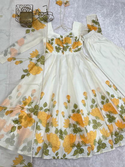 Floral Print Organza Silk Anarkali Gown Pant with Dupatta