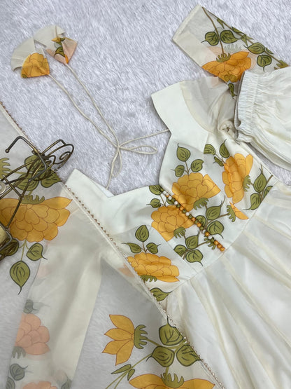 Floral Print Organza Silk Anarkali Gown Pant with Dupatta