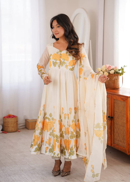 Floral Print Organza Silk Anarkali Gown Pant with Dupatta